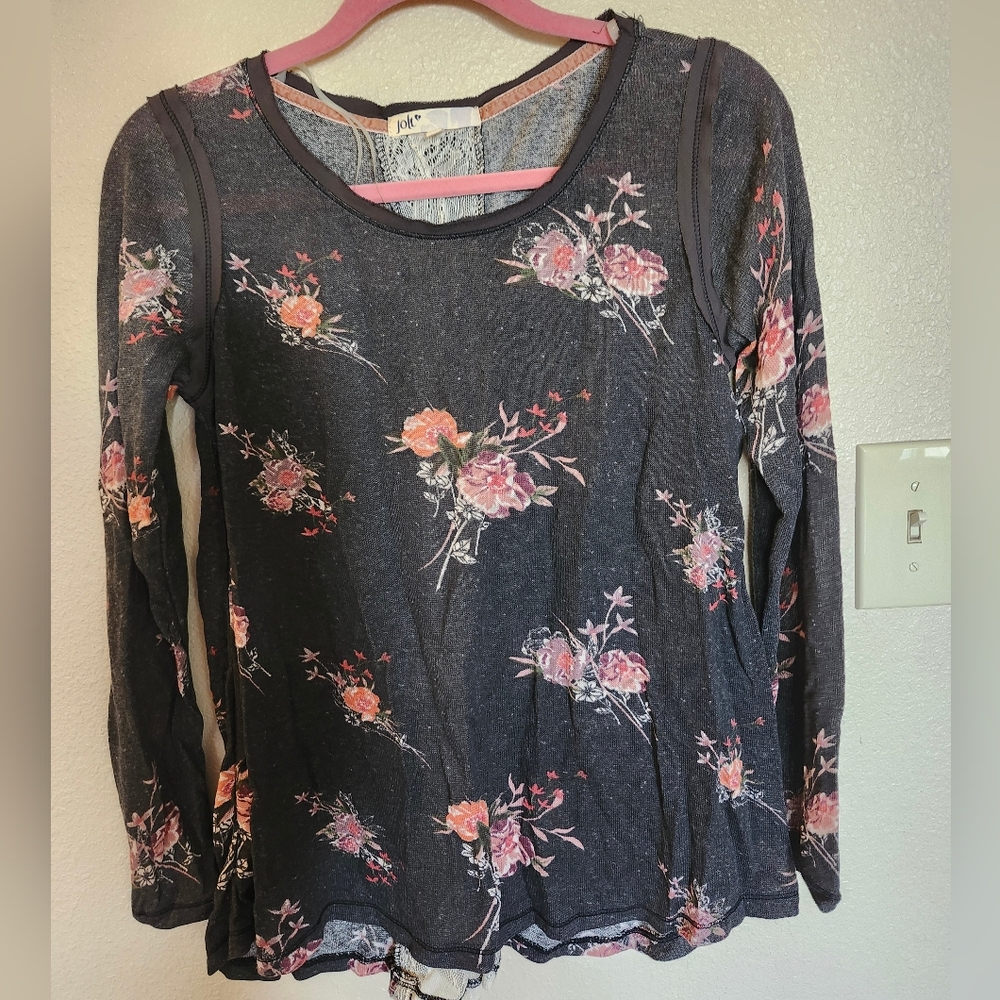 Sale🍁🍂 Jolt Charcoal Black Floral Lace Cutout Long Sleeve Blouse